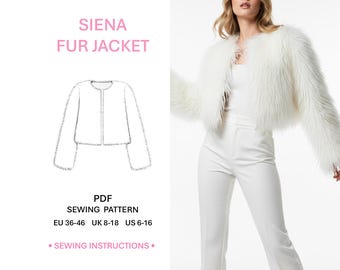 Faux Fur Jacket Pattern PDF Sewing Project Womens Short Fur Jacket Evening Party Style Bridal Modern Outerwear Digital Download