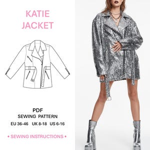 Digital PDF Pattern Womens Moto Jacket Biker Style Sewing Tutorial Asymmetrical Zipper Loose Fit Belt Detail Step By Step Guide Summer Fashion Outfit DIY Streetwear