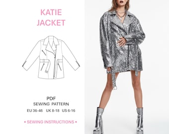 Biker Jacket Pattern PDF Womens Moto Jacket Sewing Tutorial Asymmetrical Zipper Loose Fit Belted Coat Fashion Festival Style