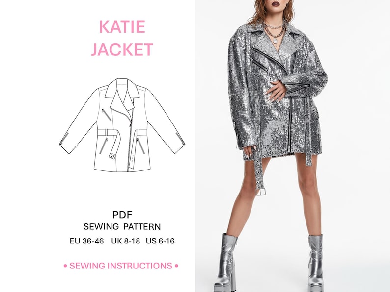 Digital PDF Pattern Womens Moto Jacket Biker Style Sewing Tutorial Asymmetrical Zipper Loose Fit Belt Detail Step By Step Guide Summer Fashion Outfit DIY Streetwear