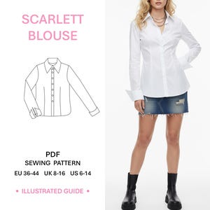 May include: A PDF sewing pattern for the Scarlett Blouse, featuring a line drawing of a long-sleeved button-down shirt with a collar and cuffs. The pattern includes sizes EU 36-44, UK 8-16, and US 6-14, accompanied by an illustrated guide.