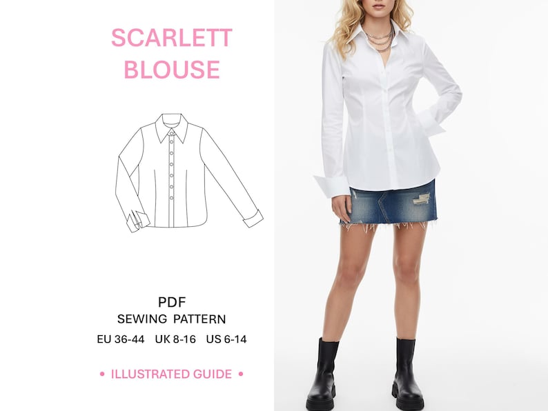 May include: A PDF sewing pattern for the Scarlett Blouse, featuring a line drawing of a long-sleeved button-down shirt with a collar and cuffs. The pattern includes sizes EU 36-44, UK 8-16, and US 6-14, accompanied by an illustrated guide.