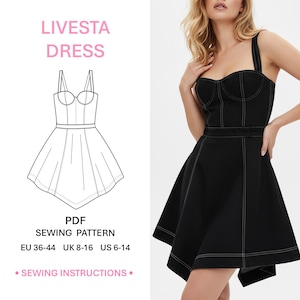 Op de afbeelding: Een zwarte jurk met witte contraststiksels, voorzien van een hartvormige halslijn, brede schouderbanden en een uitlopende rok met een zakdoekzoom. De afbeelding bevat een technische lijntekening met LIVESTA DRESS, PDF SEWING PATTERN, EU 36-44, UK 8-16, US 6-14.