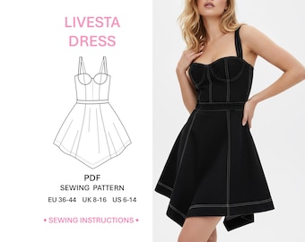 Corset Dress Pattern PDF Sewing Instructions Cupped Mini Dress Template Corset Bodice Asymmetrical Hemline Design Trendy Modern Style