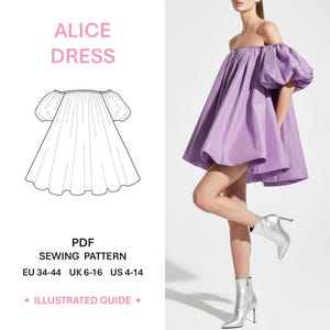 Puede incluir: Un patrón de costura en PDF para el vestido Alice, con un dibujo lineal de un vestido con hombros descubiertos y mangas abullonadas. La imagen incluye el texto: ALICE DRESS, PDF SEWING PATTERN, EU 34-44, UK 6-16, US 4-14 e ILLUSTRATED GUIDE.