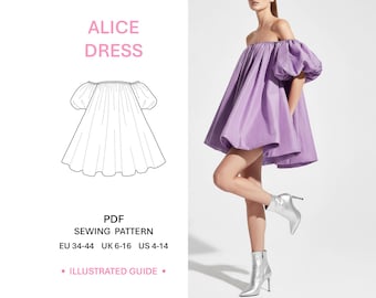 Mönster för miniklänning med puffärm, digital nedladdning, sömnad, enkel guide, sidofickor, bar axel, design, mode, gör-det-själv, modern outfit för bröllopsgäster