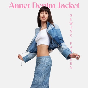 Bomber Jacket Pattern Sewing Cropped Denim Jacket Zip Up Welt Pockets Patchwork Eco Friendly Upcycled Clothing Fashion Woman's Outerwear