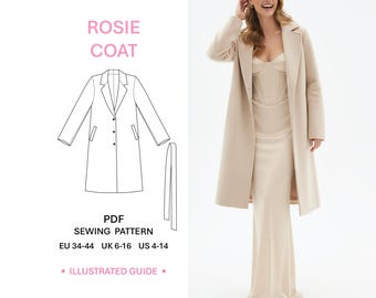 Trench Coat Pattern Pdf Sewing Illustrated Instructions Demi-Season Single-Breasted Coat Lapel Collar Pattern for Women Casual Outerwear