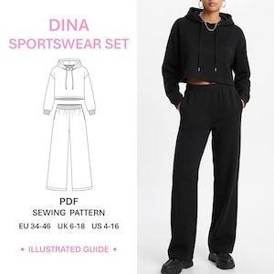 Puede incluir: Patrón de costura PDF Dina Sportswear Set con tallas EU 34-46, UK 6-18, US 4-16. Incluye una guía ilustrada y un dibujo técnico de una sudadera negra corta con capucha y pantalones de chándal anchos, usados como conjunto negro.