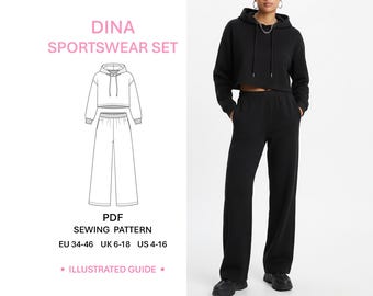 Krótki sweter z kapturem i spodnie dresowe - wzór do szycia w formacie PDF. Damski komplet sportowy o luźnym kroju. Dres DIY. Łatwe instrukcje do pobrania w wersji cyfrowej.