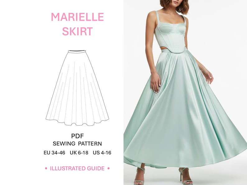 Maxi Skirt Pattern PDF Sewing Guide Digital Download Beginner Sewing Pattern Easy Tutorial Step By Step Instructions Multiple Sizes Printable Pattern for Women