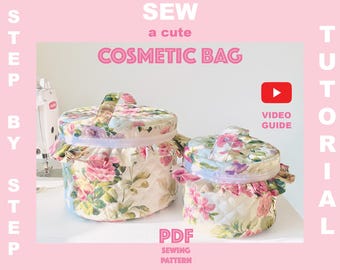 Makeup Bag Sewing Pattern PDF Quilted Cosmetic Bag Step-by-Step Video Tutorial Round Zipper Toiletry Pouch Organizer Gift For Mom