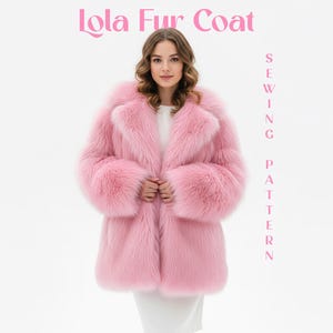 Patrón de abrigo de piel corto en PDF para mujer, abrigo de piel sintética holgado, cuello de solapa, bolsillos laterales, largo medio, para el día a día en invierno.