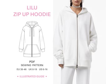 Oversized Zip Up Hoodie Sewing Pattern PDF Womens Relaxed Hooded Jacket Casual Zippered Sweatshirt Easy Illustrated Guide Digital Download