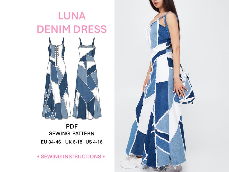 May include: Luna denim dress PDF sewing pattern for sizes US 4-16, EU 34-46, and UK 6-18. The design features a floor-length patchwork dress with varying shades of blue and white denim, a lace-up front bodice, thin straps, and raw-edge seams.