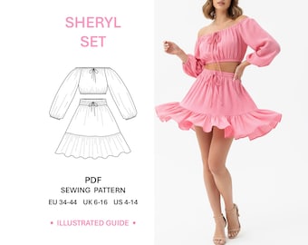 Two Piece Pattern Ruffle Mini Skirt & Off-Shoulder Crop Top Casual Womens Outfit Sewing Matching Set Illustrated Tutorial PDF Download
