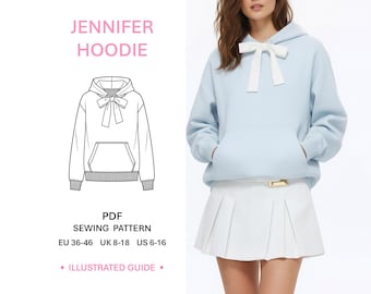 Womens Hoodie Sewing Pattern Classic Hooded Pullover Kangaroo Pocket Bow Detail Casual Sweatshirt Easy Illustrated Project PDF Download