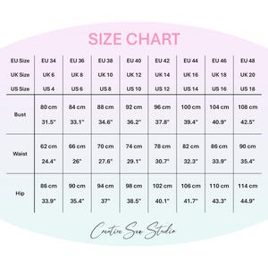 A size chart with EU, UK, and US sizes, including bust, waist, and hip measurements in centimeters and inches for sewing patterns Creativesewstudioua. The chart ranges from EU size 34 to 48, US size 4 to 18, UK size size 6 to 20.