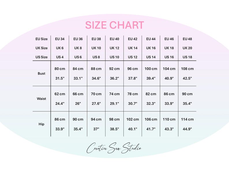 A size chart with EU, UK, and US sizes, including bust, waist, and hip measurements in centimeters and inches for sewing patterns Creativesewstudioua. The chart ranges from EU size 34 to 48, US size 4 to 18, UK size size 6 to 20.