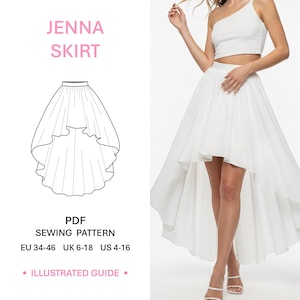 May include: A white high-low skirt with a flowing design, paired with a matching crop top. The image also features a line drawing of the skirt and the text "JENNA SKIRT", "PDF SEWING PATTERN", and size information.