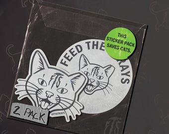 Feed the Strays - (1) 4-Zoll-Katzenkopf-Aufkleber & (1) runder 10-cm-Aufkleber „Fight The System“ | Unterstützt Stray Cat Rettung