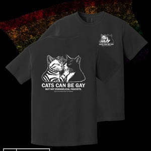 May include: Two black t-shirts with the text "CATS CAN BE GAY" and a graphic of two cats kissing. The shirts also have the text "BUT NOT EVANGELICAL FASCISTS." and "TWENTY-FIVE PERCENT OF ALL PROFITS SAVE STREET CATS."