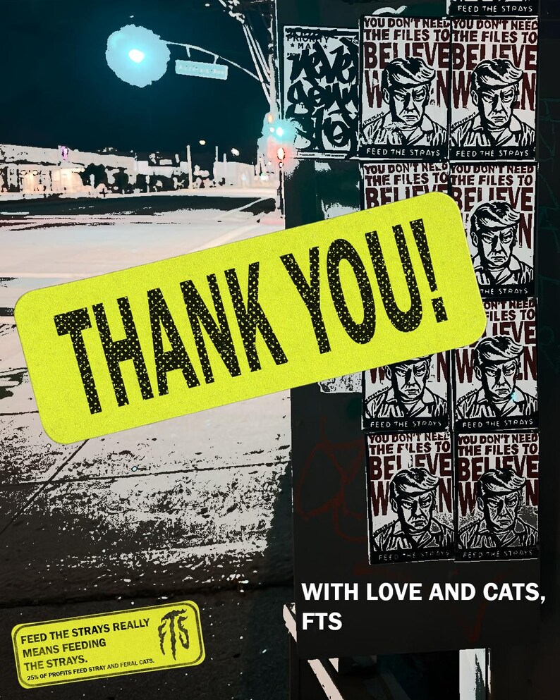Może przedstawiać: Scena uliczna z plakatami i jasnoż&oacute;łtym znakiem z napisem "THANK YOU!" w kolorze czarnym. Plakaty przedstawiają czarno-biały obraz mężczyzny i tekst "YOU DON'T NEED THE FILES TO BELIEVE". Obraz zawiera r&oacute;wnież tekst "FEED THE STRAYS".