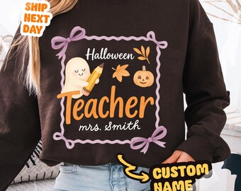Spooktacular Teacher sweatshirt – Custom Halloween teacher crewneck with name, cute spooky gift, personalized fall sweater for educators
