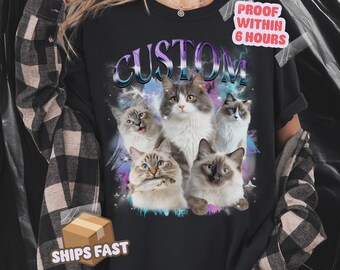 Custom cat bootleg shirt – Personalized photo tee for cat lovers, retro rap pet shirt, funny custom cat gift, memorial or birthday tee