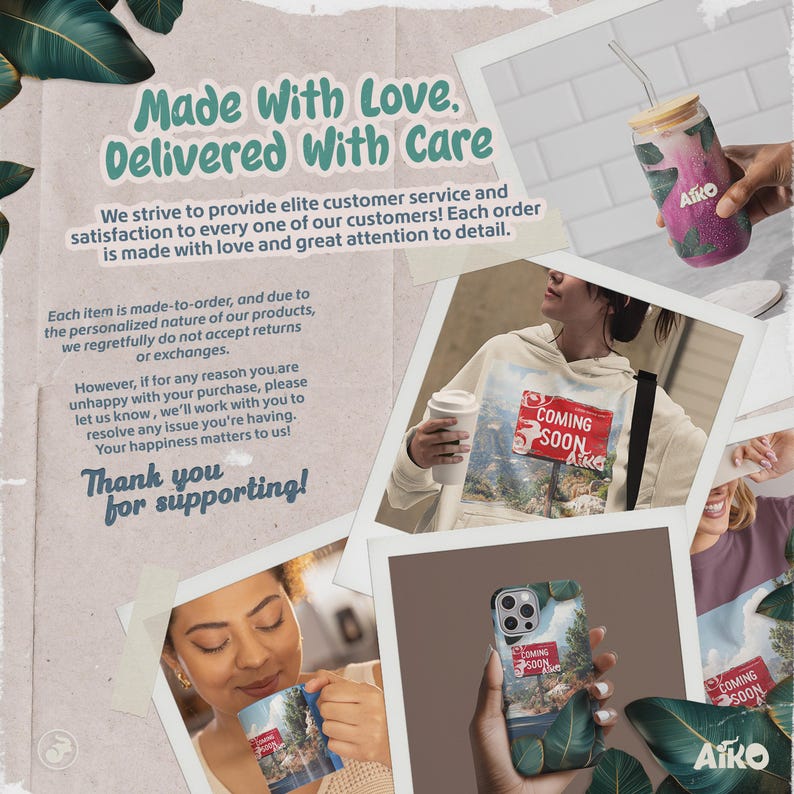 May include: Collage of product images, including a tumbler, phone case, mug, and hoodie, each featuring a nature scene and the text "COMING SOON." The background includes text that reads "Made With Love, Delivered With Care" and "Thank you for supporting!"