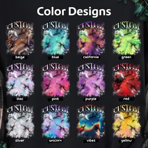 May include: A graphic featuring the text "Color Designs" above twelve colorful designs. Each design has the word "CUSTOM" in a silver font, with a unique color scheme and name below, including beige, blue, california, green, lilac, pink, purple, red, silver, unicorn, vibes, and yellow.