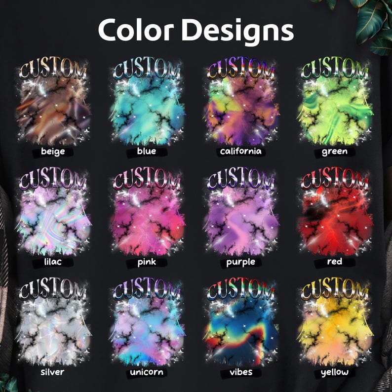 May include: A graphic featuring the text "Color Designs" above twelve colorful designs. Each design has the word "CUSTOM" in a silver font, with a unique color scheme and name below, including beige, blue, california, green, lilac, pink, purple, red, silver, unicorn, vibes, and yellow.