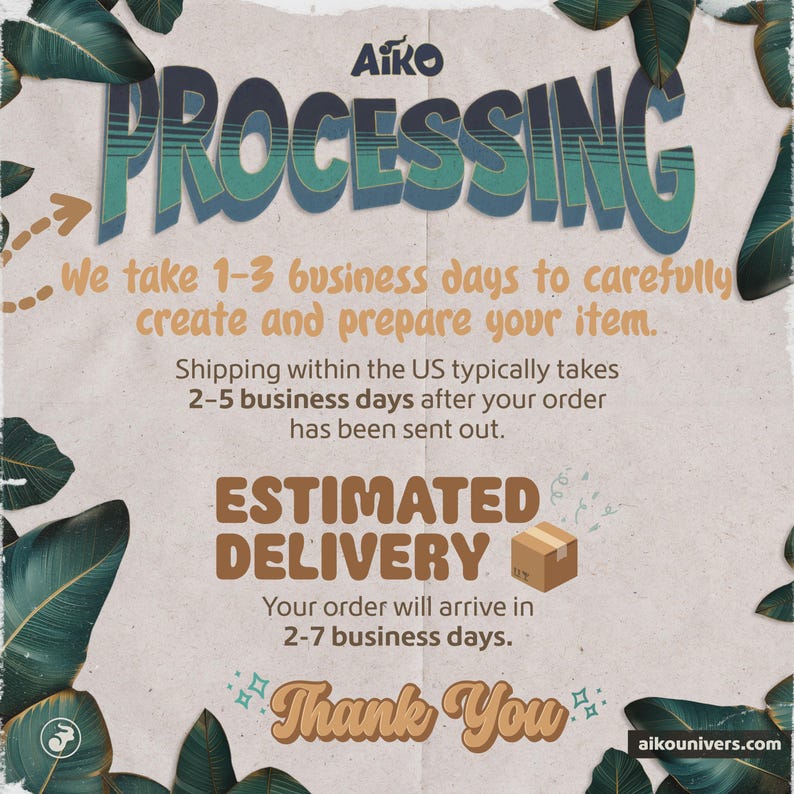 May include: A graphic with the text "PROCESSING" in teal and blue, along with text about order preparation and estimated delivery times. The image includes the logo "Aiko" and the website address "aikounivers.com". Decorative green leaves frame the text.