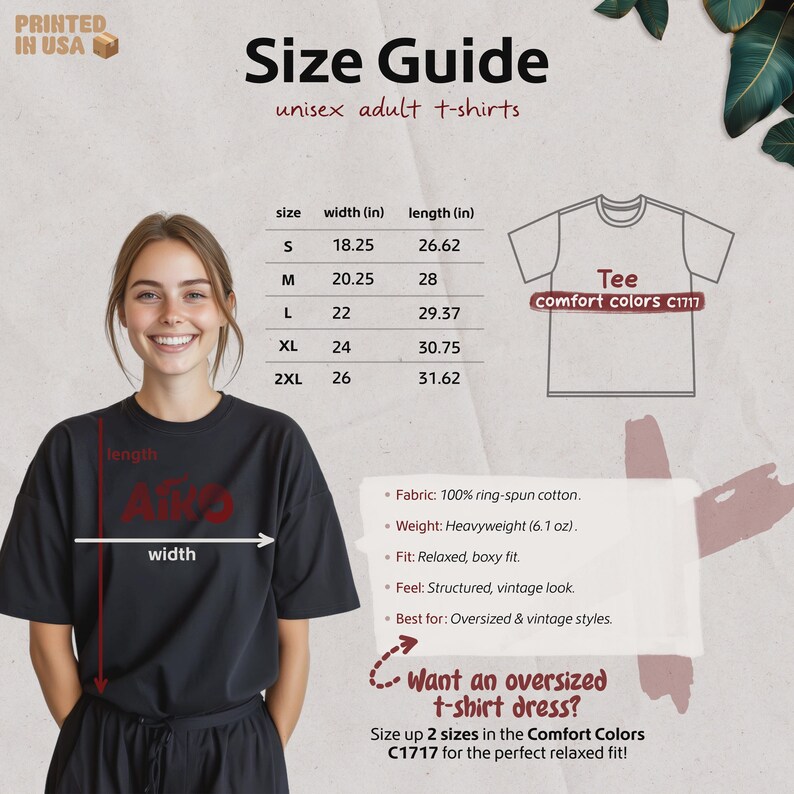 May include: A woman wearing a black t-shirt, with a size guide for unisex adult t-shirts. The guide lists sizes S to 2XL, with width and length measurements in inches. The shirt is heavyweight, made of ring-spun cotton, and has a relaxed fit.