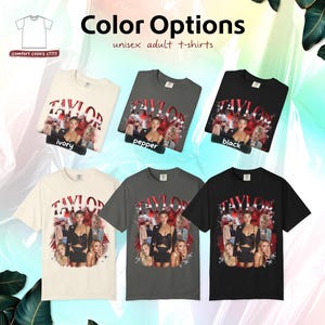 May include: A display of unisex adult t-shirts in ivory, pepper, and black. Each shirt features a graphic with the name "TAYLOR" and images of women. The text "Color Options" and "unisex adult t-shirts" are also visible.