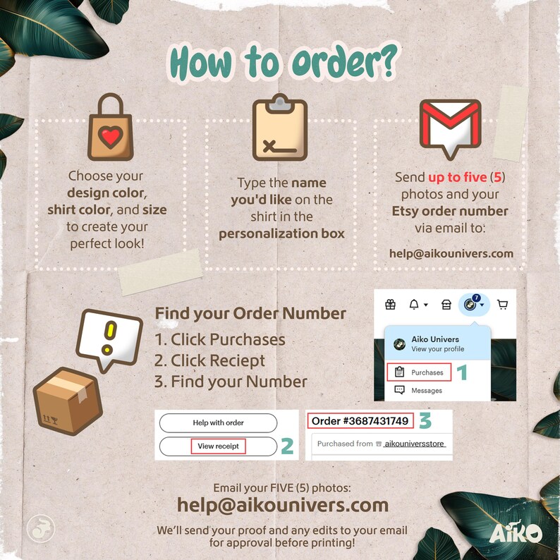 May include: A guide on how to order a custom shirt, with instructions and illustrations. The image includes steps for choosing design, providing personalization, and sending photos. It also shows how to find the order number.