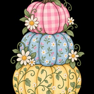 May include: A stack of three decorative pumpkins against a black background. The top pumpkin is pink with a white gingham pattern. The middle pumpkin is light blue with a floral print. The bottom pumpkin is yellow with green vines and white flowers.