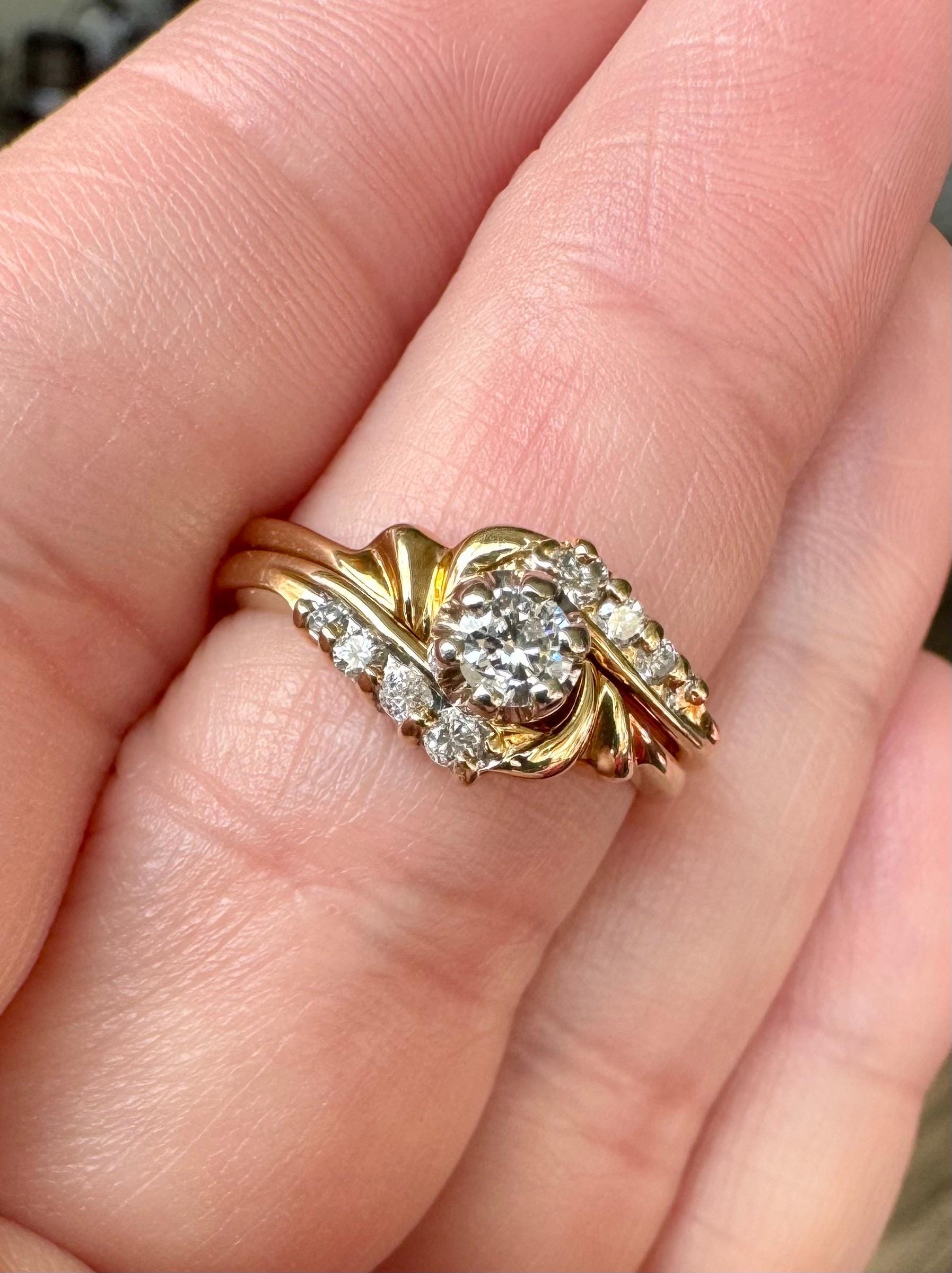 14k Gold Diamond Engagement & Wedding Set— .40ctw • Vintage 14k Diamond Bridal Set • Size 6.25 • Eco-Conscious • Conflict Free Diamonds •