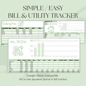 Monthly Bill & Utility Tracker | Green | Simple Google Sheets and Excel Budget Planner | Bill Payment Organizer Spreadsheet