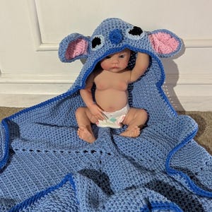 Handmade Crochet Hooded Character Baby Blanket Featuring Stitch