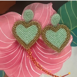 Aqua Green Heart Earrings – Hand-embroidered earrings with gold beads and an elegant, handcrafted heart design