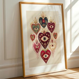 Sacred Heart Eye Wall Art Mystical Embroidered Style Print Folk Art Visionary Decor Spiritual Surreal Boho Aesthetic