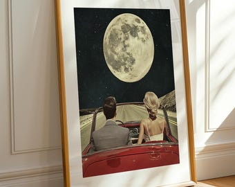May include: A couple drives a red convertible car on a road under a large, full moon and a starry night sky.