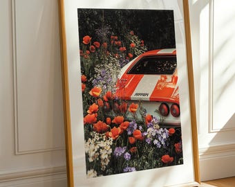 Ferrari blommönster, retro lyxbil, trendig italiensk väggkonst, modern vintagedekor, färgglad sommarträdgård, djärv bilestetik