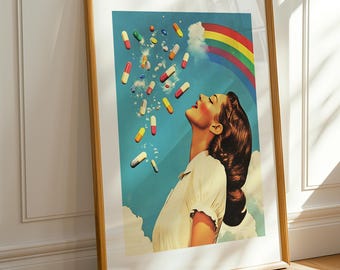 Psychedelischer Pop Art Druck | Retro Frau mit Pillen und Regenbogen | Mutige surreale Collagen-Wand-Kunst | Midcentury Moderne lustige Dekor