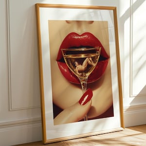Impresión "Sueños de champán", póster de cóctel glamuroso, arte mural vintage moderno, decoración con labios rojos llamativos, arte moderno para carritos de bar, estética femenina de lujo