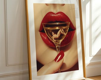 Champagne Dreams Print, Glamouröses Cocktail Poster, Moderne Vintage Wandkunst, Bold Red Lip Decor, Trendy Bar Cart Art, Luxe Feminine Ästhetik