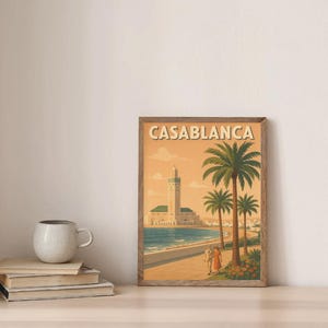Póster de Casablanca, Marruecos: arte mural de viajes vintage, decoración urbana retro, estética marroquí, arte mural norteafricano, decoración del hogar