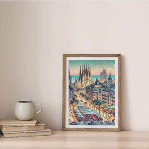 Barcelona Travel Print Poster – Vintage City Wall Art, Spain Architecture Decor, Barcelona Skyline Illustration, Wall Art, Home Decor,