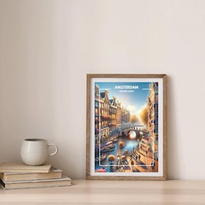 Amsterdam Poster Print – Vintage Travel Wall Art, Netherlands Cityscape, Canal Houses Illustration, Dutch Home Decor, Wall Art, Home Decor